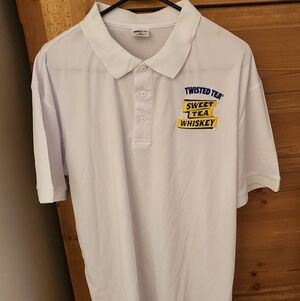 Twisted Tea White Polo with Blue and Yellow Embroidery
